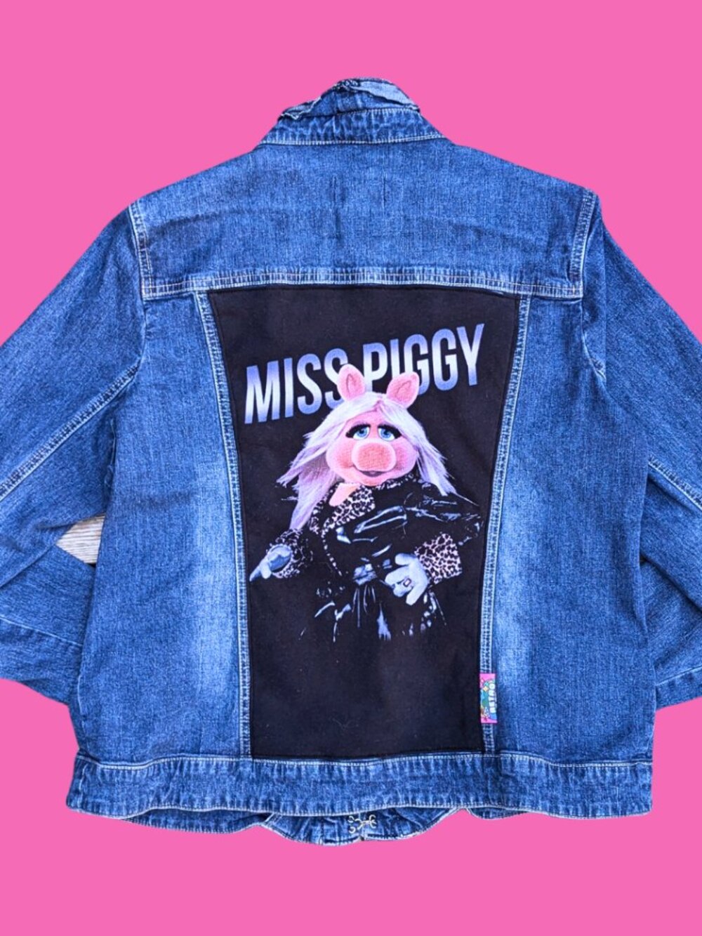 Miss Piggy Upcycled T-Shirt Denim Jacket Size L for Women